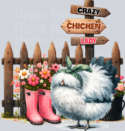 Crazy Chicken Lady boots and chicken DTF Chicken Transfers