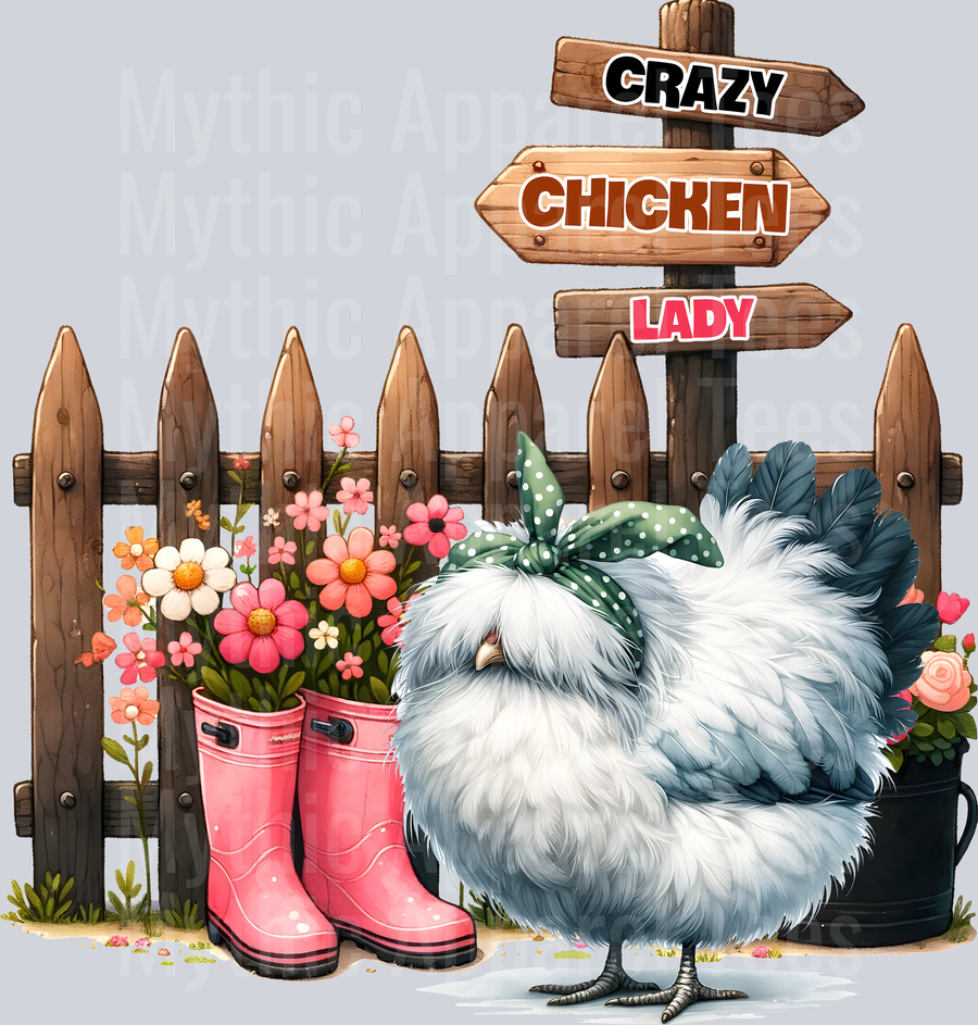 Crazy Chicken Lady boots and chicken DTF Chicken Transfers