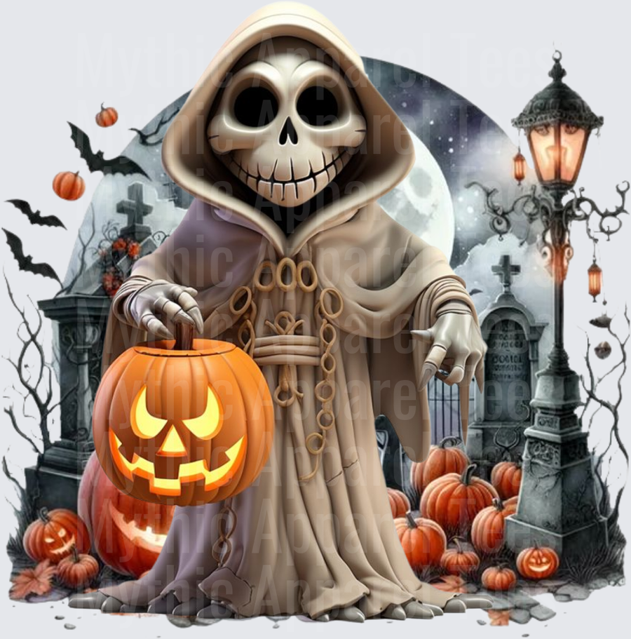 Halloween Hooded Skeleton Reaper Holding Jack-O-Lantern Graveyard Moon Scene