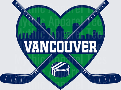 NHL Teams Vancouver Canucks Heart Skyline Crossed Sticks Puck