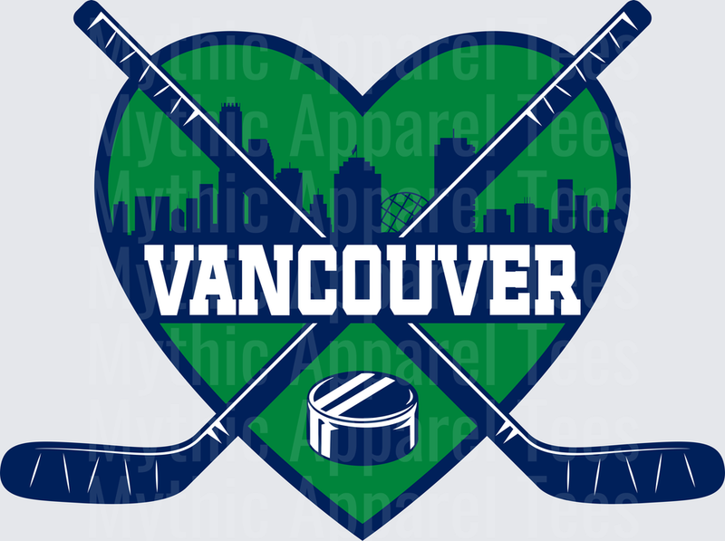 NHL Teams Vancouver Canucks Heart Skyline Crossed Sticks Puck