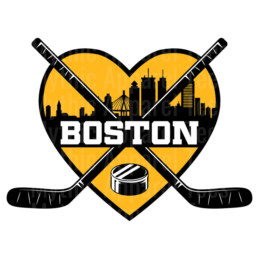NHL Teams Boston Bruins Heart Skyline Crossed Hockey Sticks Puck