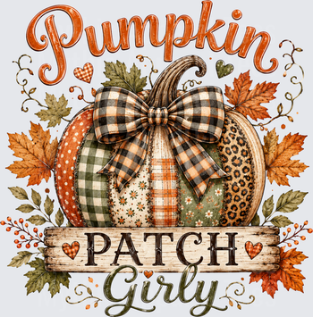 Pumpkin Patch Girly Patchwork Pumpkin with Buffalo Plaid Bow Fall Leaves and Rustic Wood Sign Autumn Design