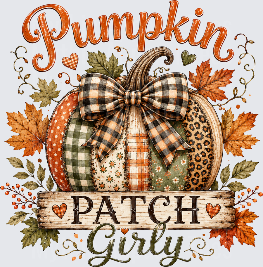 Pumpkin Patch Girly Patchwork Pumpkin with Buffalo Plaid Bow Fall Leaves and Rustic Wood Sign Autumn Design
