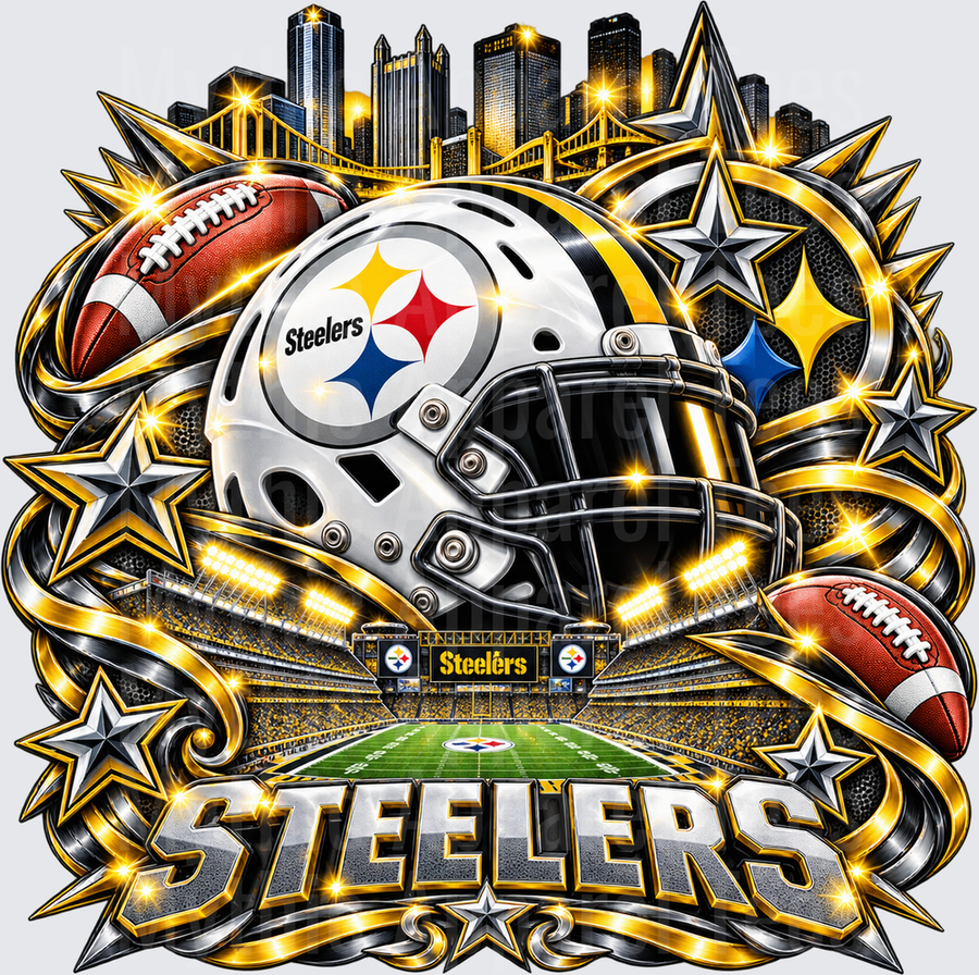 Football Pittsburgh Steelers Gold and Black Helmet Stadium Skyline Bold Graphic Design