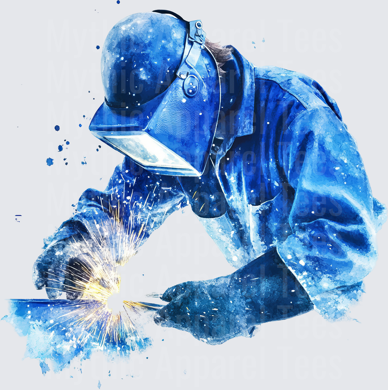 Watercolor Welder with Welding Helmet and Flying Sparks Blue Tones