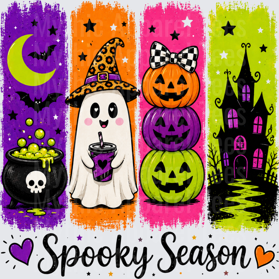 Halloween Spooky Season Four Panel Design with Cute Ghost in Leopard Witch Hat, Stacked Jack-O-Lanterns with Checkered Bow, Skull Cauldron, and Haunted House