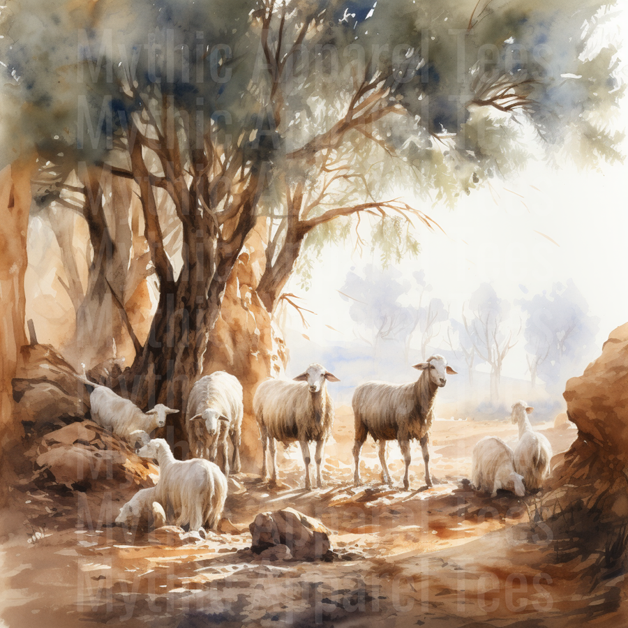 Nativity Sheep Flock Resting Under Ancient Olive Trees