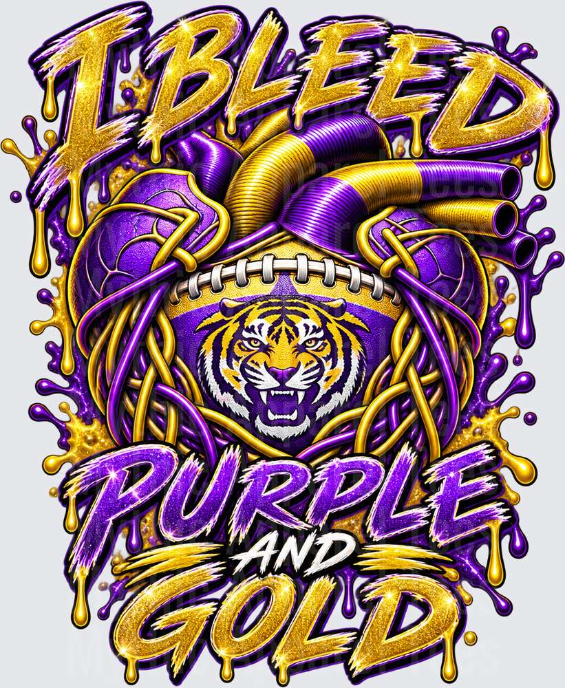 LSU I Bleed Purple and Gold Tiger Anatomical Heart Football Drip Design