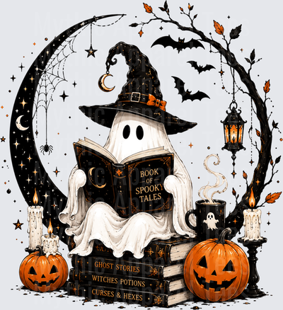 Halloween Witch Ghost Reading Book of Spooky Tales Pumpkins
