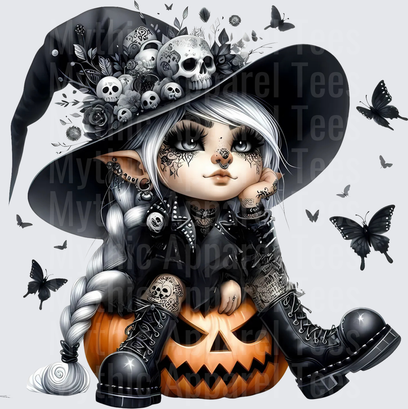 Goth Witch Gnome With Skull Hat Sitting On Jack-O-Lantern Surrounded By Black Butterflies