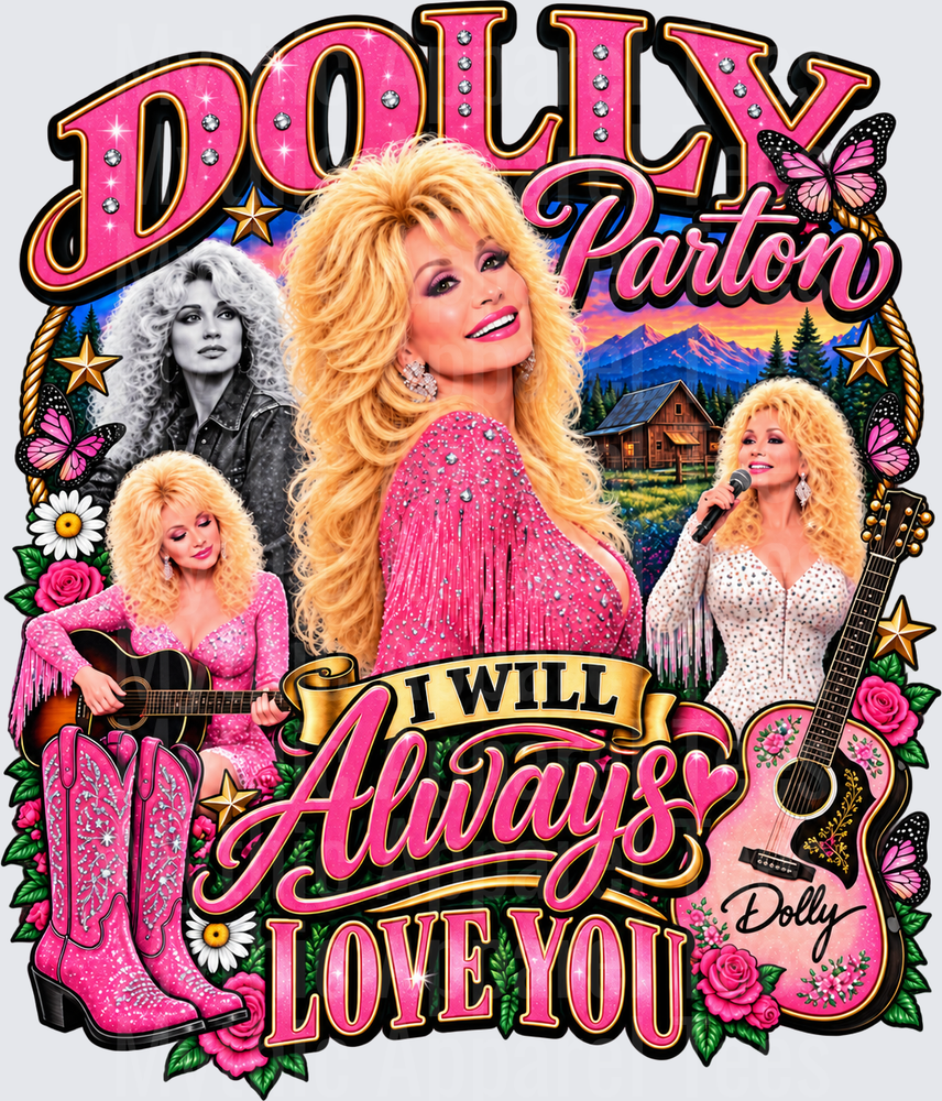 Dolly Parton I Will Always Love You Vintage Bootleg Style Collage with Pink Guitar Roses Butterflies and Cowboy Boots