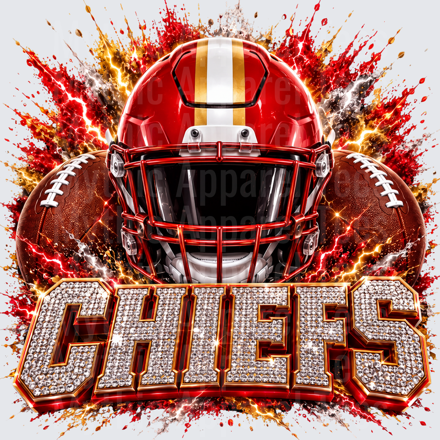 Rhinestone Style NFL Kansas City Chiefs Red and Gold Football Helmet Lightning Explosion with Bedazzled Bling Text