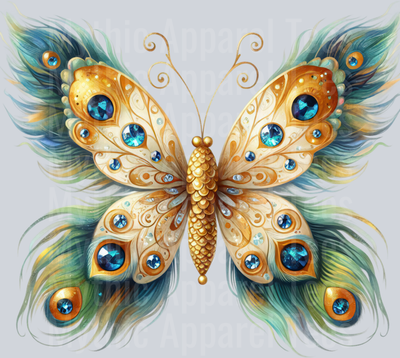 Green Peacock feather blue gold  Watercolor butterfly DTF Butterfly Transfers