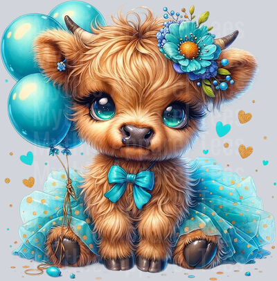 Cute Highland Cow Baby Blue 2 balloons DTF Precious Highland Cow Transfers