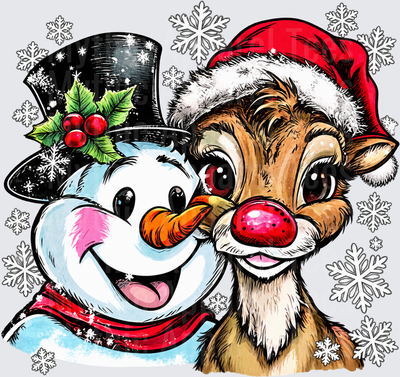 Frosty the Snowman and Rudolph the Red-Nosed Reindeer Christmas Friends Selfie with Snowflakes