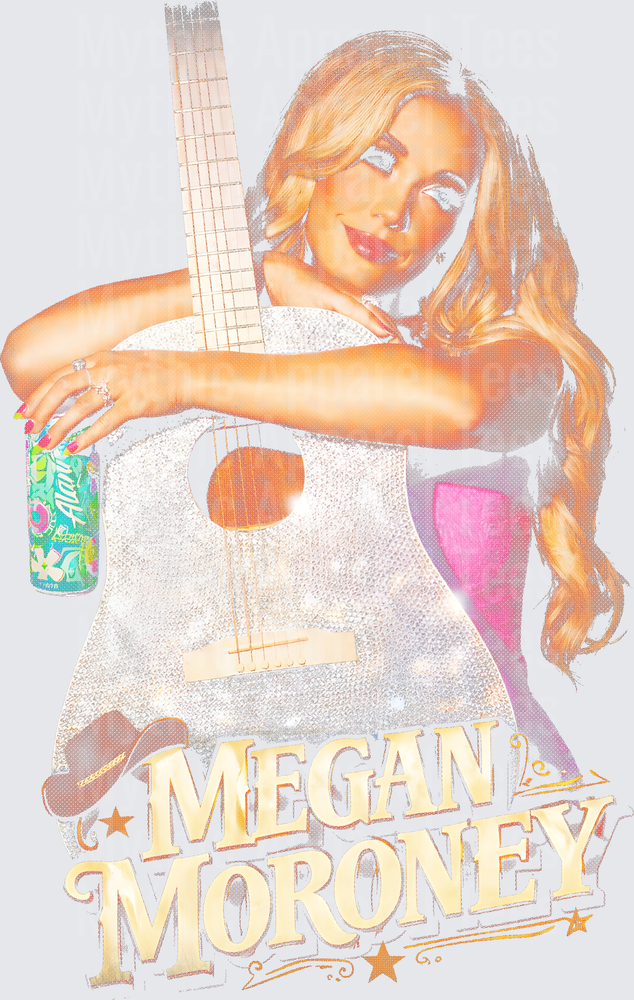 Megan Moroney Glitter Acoustic Guitar Blonde Country Artist with Alani Nu Can and Cowboy Hat Stars Design