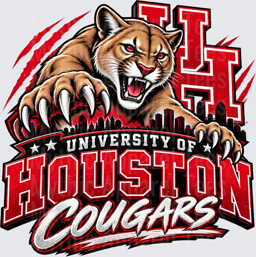 Houston Cougars Fierce Cougar Mascot Lunging Over City Skyline with UH Logo and Claw Marks