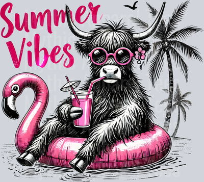 Summer vibes grey tone highland cow with pink flamingo floaty DTF Summer Transfers
