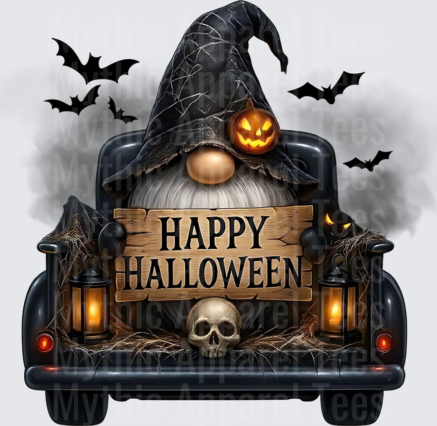 Happy Halloween Gnome Witch Hat Black Truck Skull Bats Lanterns Spooky