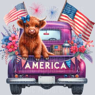 Purple Truck with 2 American Flags DTF Patriotic Highland Cow Transfers
