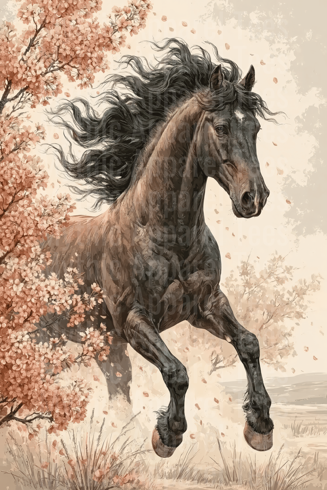 Majestic Dark Horse Rearing with Flowing Mane Among Blossoming Cherry Trees and Falling Petals