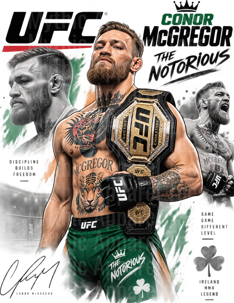 Conor McGregor The Notorious UFC Champion Ireland MMA Legend Discipline Builds Freedom Graphic Collage with Signature and Irish Shamrock