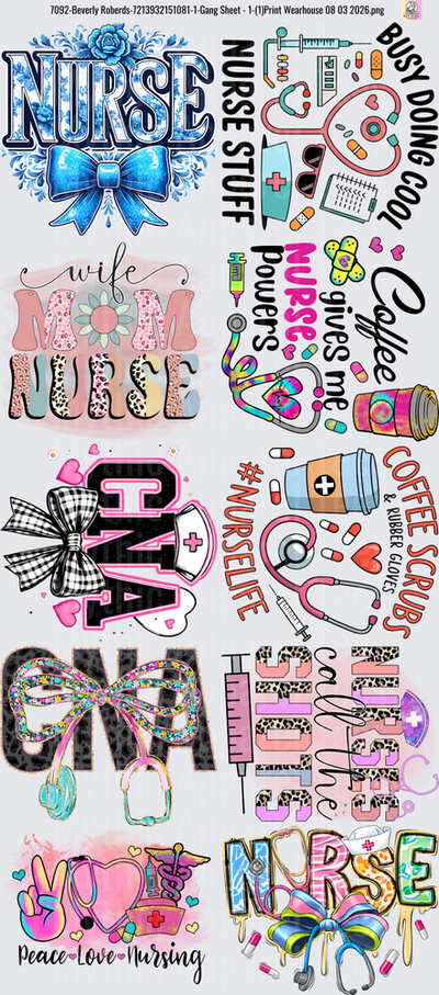Gang Sheet FULL SIZE DESIGNS Nurse Medical Healthcare Bundle with Stethoscope Syringe Pills Bow Leopard Print Peace Love Nursing