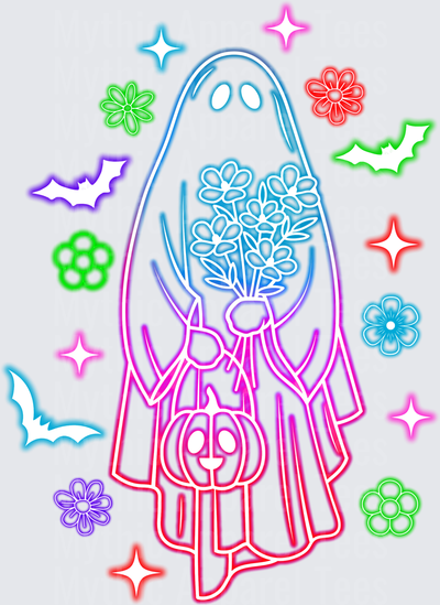 Halloween Neon Ghost Holding Flowers With Pumpkin Bats