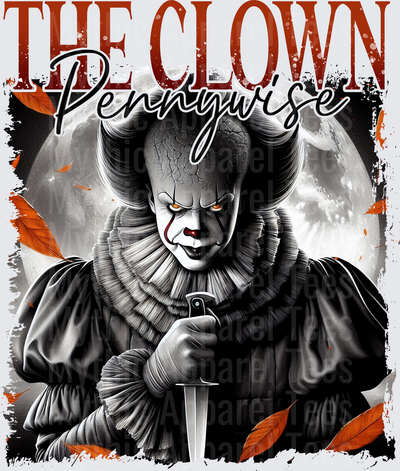 The Clown Pennywise IT Horror Grayscale Full Moon Autumn Leaves Knife Graphic