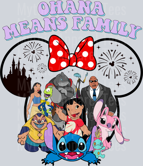 Ohana Means Family Stitch and Crew Red and White Bow with fireworks DTF Lilo and Stitch Transfers