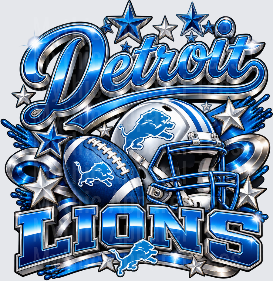 Gradient Polished Style NFL Detroit Lions Chrome Blue Silver Football Helmet Stars Bold Script Fan Design