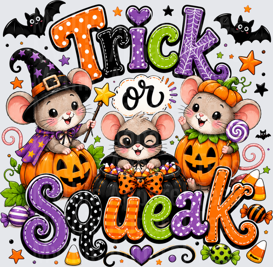 Trick or Squeak Cute Halloween Mice in Witch Costume Masquerade and Pumpkin Outfits with Jack-o-Lanterns Candy Corn and Bats