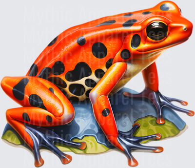 Vibrant Red Poison Dart Frog with Black Spots Perched on Mossy Rocks