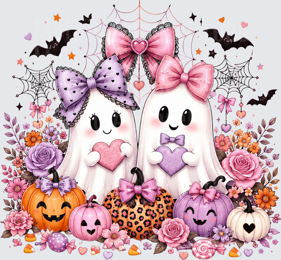 Cute Girly Ghost BFFs with Bow Headbands Holding Glitter Hearts Surrounded by Jack-o-Lanterns Roses Bats and Spiderwebs