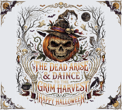 Skull Pumpkin Witch Hat Grim Harvest The Dead Arise And Dance Happy Halloween Gothic Skeleton Hands Bats Owl Raven Cauldron Spooky Border Design