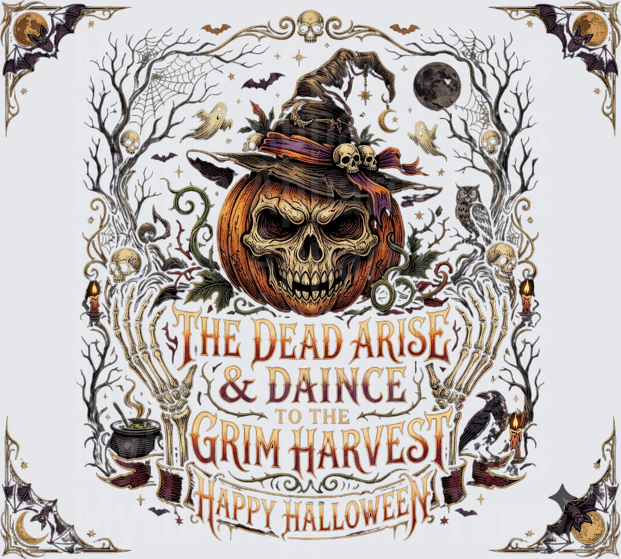 Skull Pumpkin Witch Hat Grim Harvest The Dead Arise And Dance Happy Halloween Gothic Skeleton Hands Bats Owl Raven Cauldron Spooky Border Design