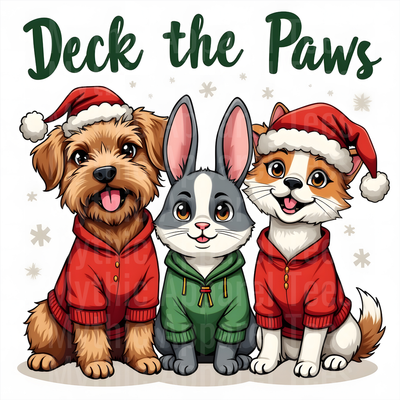 Deck the Paws Cute Dog Bunny and Cat in Santa Hats Holiday Christmas Trio