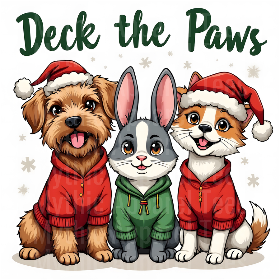 Deck the Paws Cute Dog Bunny and Cat in Santa Hats Holiday Christmas Trio