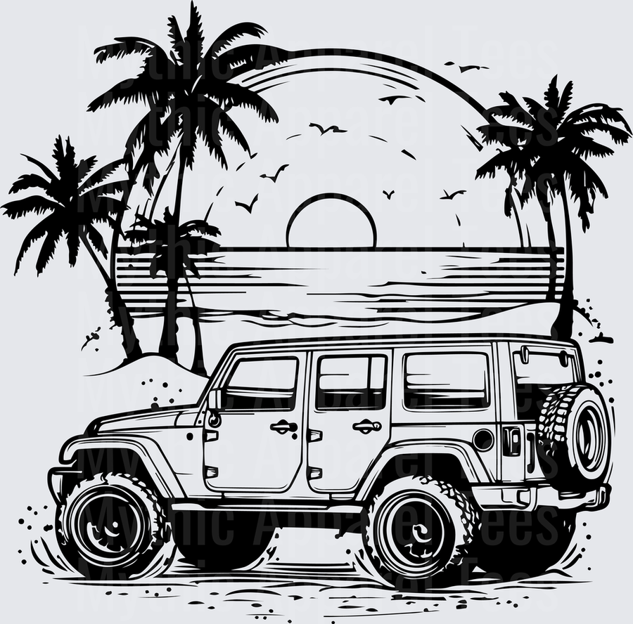 Off Road Jeep Wrangler Beach Sunset Palm Trees Scene