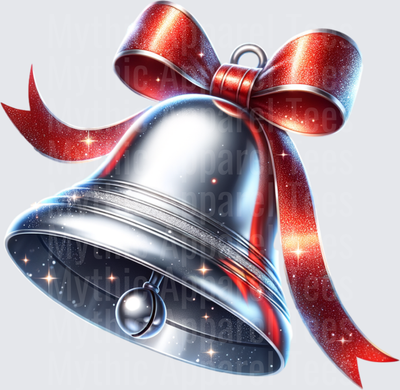 Shiny Silver Christmas Bell with Glittery Red Ribbon Bow and Sparkle Stars