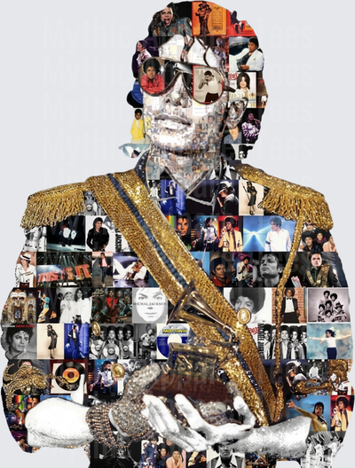 Michael Jackson King of Pop Photo Collage Portrait in Gold Military Jacket with Grammy Career Tribute Mosaic