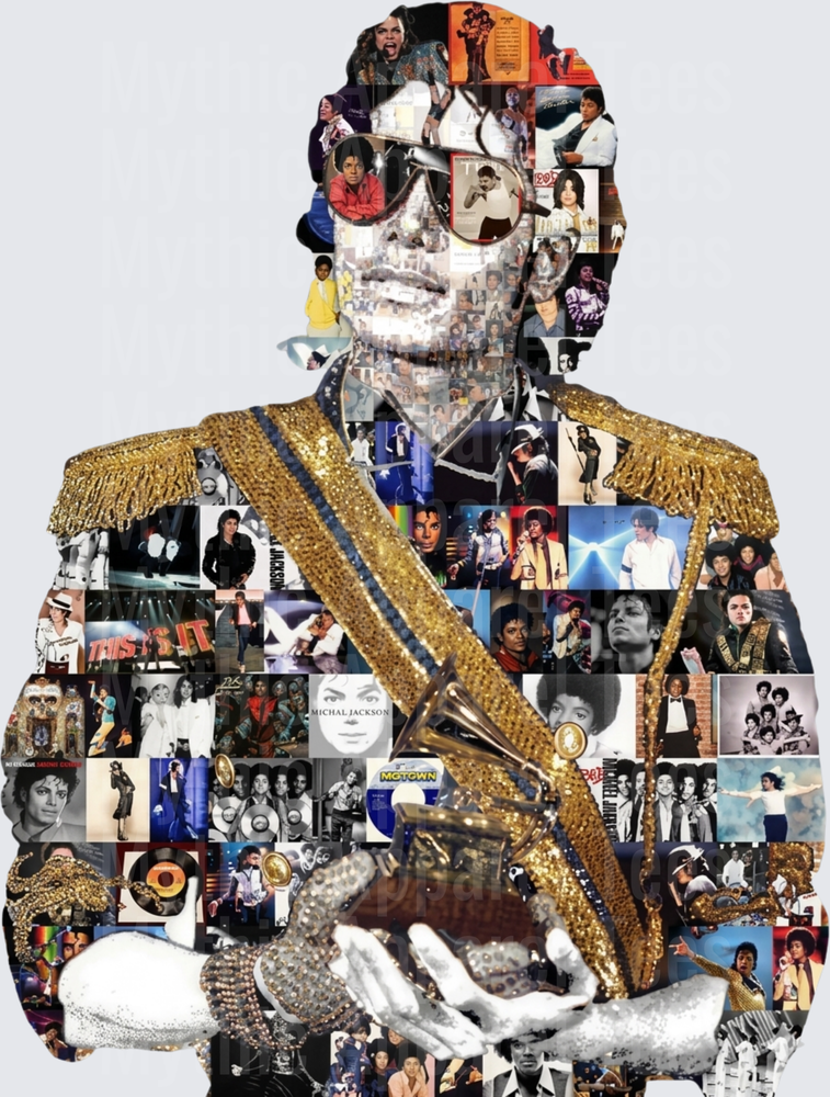 Michael Jackson King of Pop Photo Collage Portrait in Gold Military Jacket with Grammy Career Tribute Mosaic
