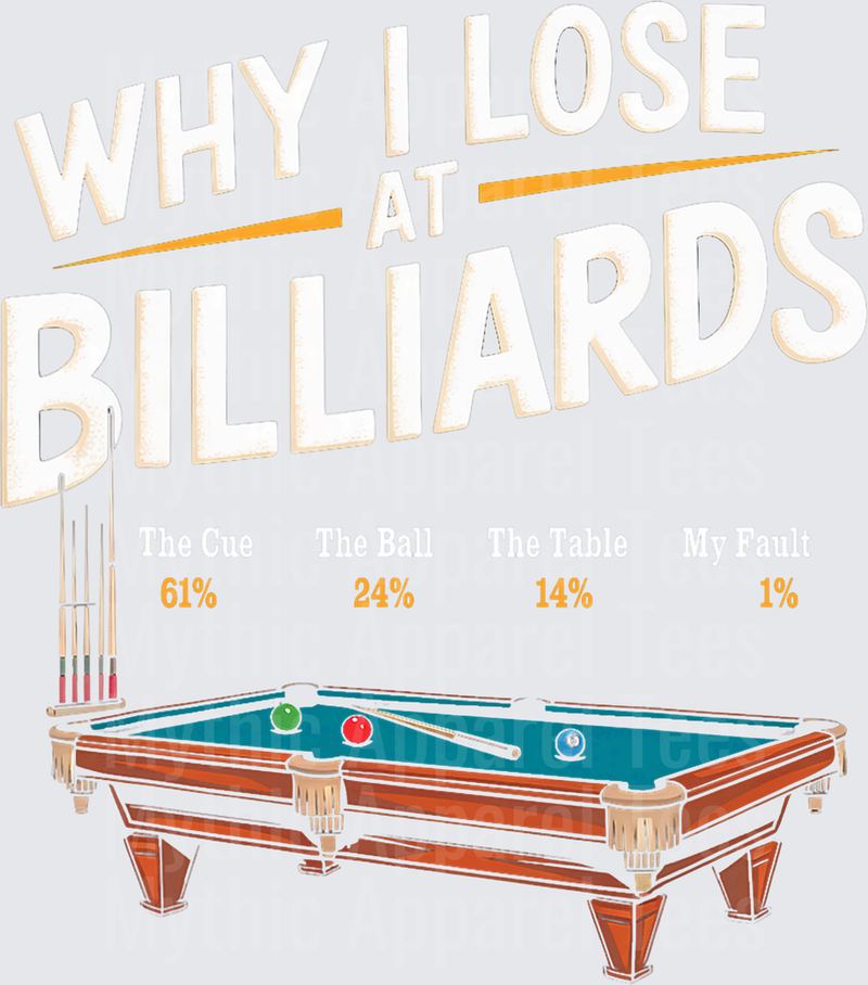 Why I Lose At Billiards Funny Percentage Chart Pool Table and Cue Rack Humor Graphic