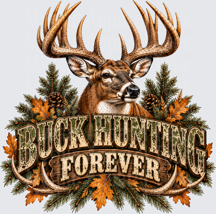 Buck Hunting Forever Whitetail Buck Portrait with Pine Branches Pinecones and Autumn Oak Leaves
