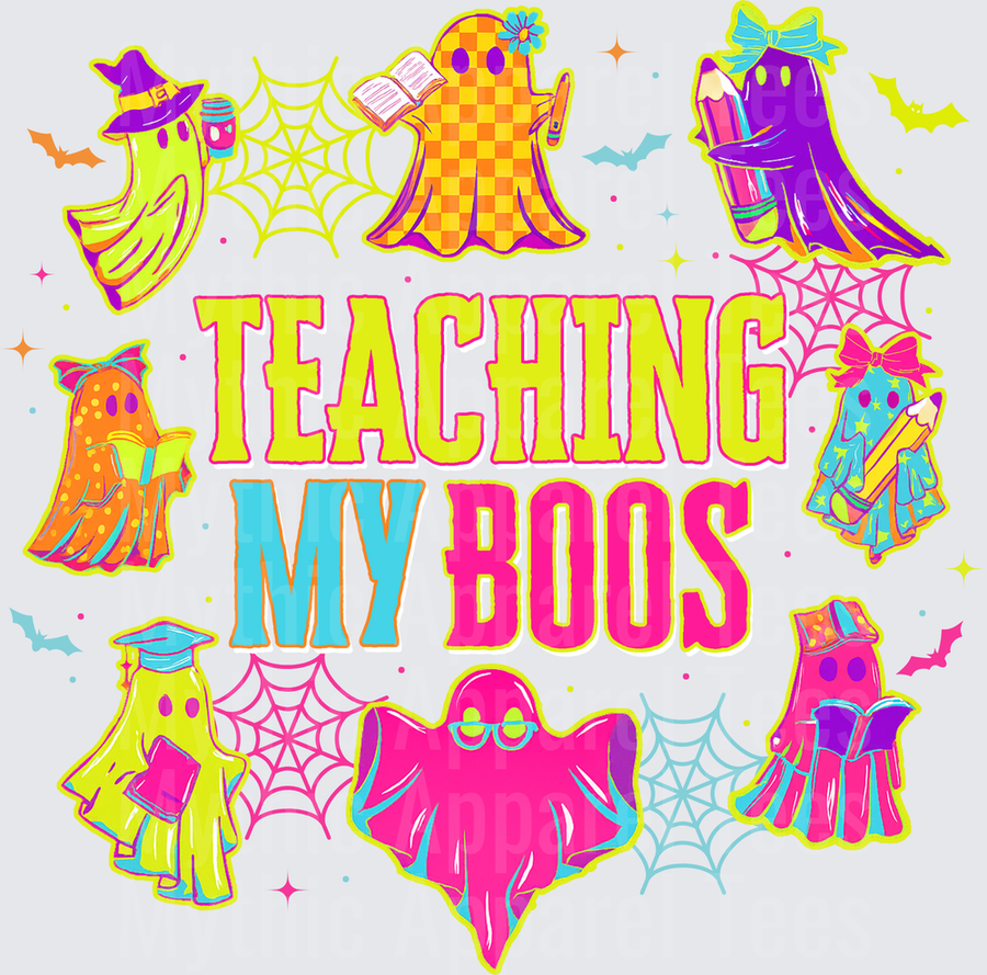 Halloween Teaching My Boos Colorful Ghost Teacher Squad with Books Pencils and Spider Webs