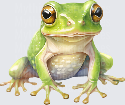 Cute Green Tree Frog with Big Golden Eyes Watercolor Illustration