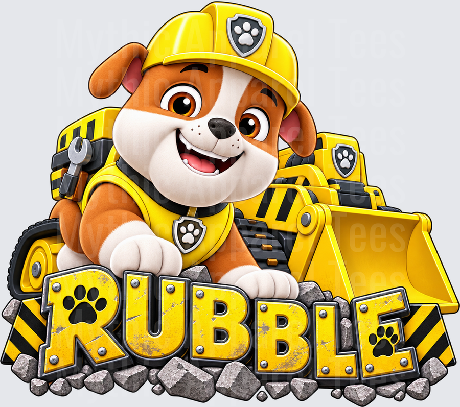 Paw Patrol Rubble English Bulldog Pup Yellow Hard Hat Construction Bulldozer Bold Name Text with Rocks and Debris