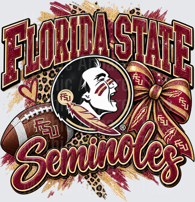 Florida State Seminoles Football Glitter Mascot Logo with Gold Bow, FSU Football, Leopard Print Brush Strokes, and Script Lettering in Garnet and Gold