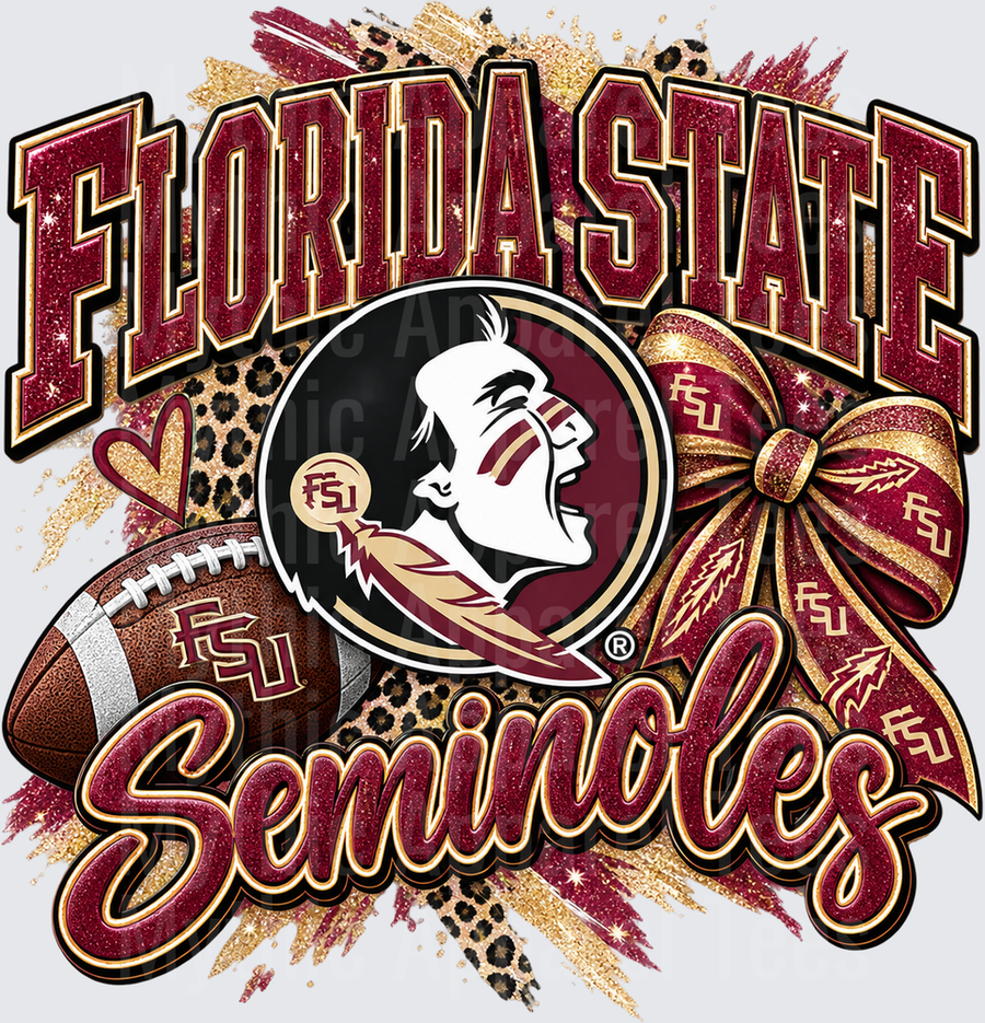 Florida State Seminoles Football Glitter Mascot Logo with Gold Bow, FSU Football, Leopard Print Brush Strokes, and Script Lettering in Garnet and Gold